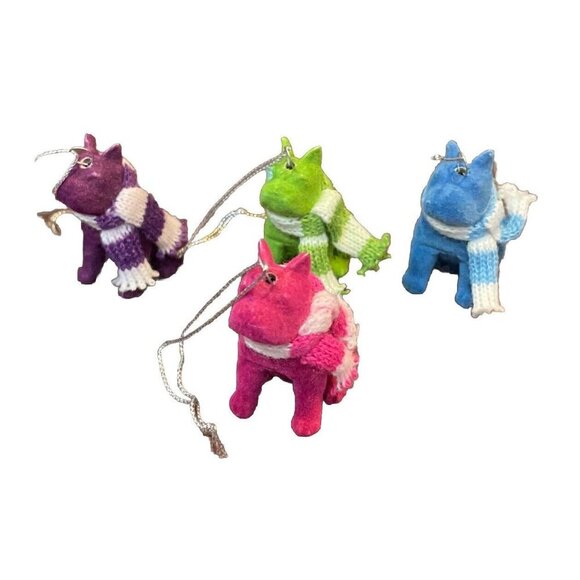 Flocked 4 Mini French‎ Bulldog Dog Christmas Ornaments Colorful Scarves NEW - Picture 1 of 3